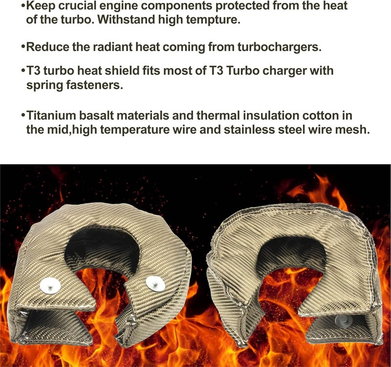 Ummickl Titanium Turbo Blanket Heat Shield Cover Turbocharger Cover Heat Shield Barrier Fiber Turbo Blanket for T3 T25 T28 GT25 GT28 GT30 GT32 GT35 CT26 Turbocharger Cover Wrap with Locking Springs - Image 2
